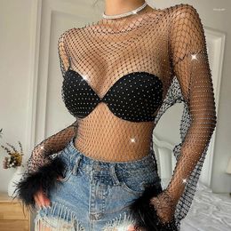 Women's T Shirts 2024 Women Sexy Mesh See Through Shirt Shiny Rhinestone Fishnet Hollow Out Prom Nightclub Dance Cover-up Crop Top Tie Girls