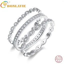 Cluster Rings BONLAVIE Luxury 18K White Gold Ring 3 PCS 6mm Zirconia Diamond Bridal 925 Silver Jewellery Women Propasal Engagement Gift