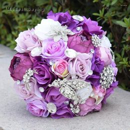 Wedding Flowers Purple Artificial Rose Bouquets 2024 For Brides Fashion Bridal Crystal Handle Accessories