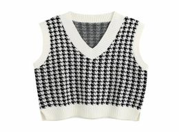 Fashion Oversized Houndstooth Knitted Vest Sweater for Women Girls Vintage Sleeveless Side Vents Female Waistcoat Chic Tops4143164