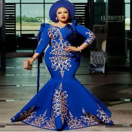 Royal Blue Arabic Women Mermaid Evening Dresses Robe De Soiree Satin Mother of the Bridal Gowns 3 4 Sleeves Plus Size Formal Party 294n