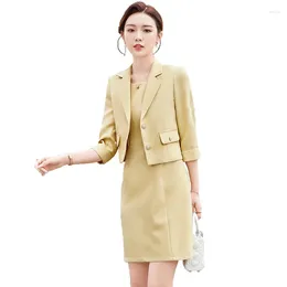 Work Dresses Spring Yellow Elegant Two Piece Set Women Korean Style Balzer Coat Mini Dress Female Solid Casual Slim Designer 2024