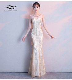 Party Dresses Solovedress Sweetheart Scoop Neck Mermaid Seqion Dress Back With Lace Up Champagne Sleeveless Formal Evening Gown Bodycon E711