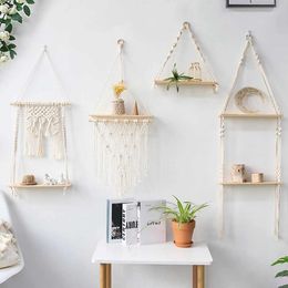 Storage Holders Racks Macrame Wall Hanging Shelf Boho Home Decor Shelves On Wood Decoration for Bedroom Living Room Nursery Christamas Gift H240516