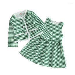 Clothing Sets Kids Girl Fall Outfits Houndstooth Print Crew Neck Sleeveless Dress Long Sleeve Buttons Coat 2Pcs Princess Clothes Set