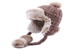 Women Trapper Hats Winter Warm Faux Fox Fur Bomber Hat Beanies Russian Ushanka Wool Knit Pom Pom Earflaps Aviator Caps1099412