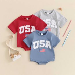 Rompers July 4th baby jumpsuit baby girl boy fuzzy letter national flag embroidered crew neck short sleeved tight fitting summer jumpsuit d240516