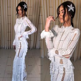 Long Sleeve Mermaid Wedding Dresses 2022 High Neck Crochet Cotton Lace Slim Outdoor Country Bohemian Trumpet Bridal Dress Wear 292h