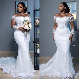 African White Lace Mermaid Wedding Dresses Elegant Sheer Long Sleeves Bridal Gowns Beaded Applique Court Train Second Reception Dress