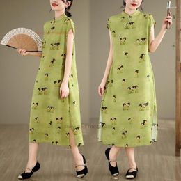 Ethnic Clothing 2024 Chinese Improved Qipao Vintage Dress Cheongsam National Flower Print A-line Oriental Traditional Folk Loose