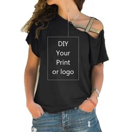 Customised Print T Shirt for Women DIY Your like Po or Top T-shirt Femme Irregular Skew Cross Bandage Size S-5XL Tees 240517