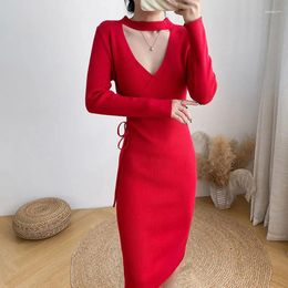 Casual Dresses Korea Style Deep V-neck Slim Waist Hips Sexy Lady Autumn Winter Basic Knitted Sweater Dress Fashion Women Spring