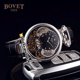 46mm Bovet 1822 Tourbillon Amadeo Fleurie Watches Quartz Mens Watch Steel Case Black Skeleton Dial Leather Strap HWBT Hello Watch 228o