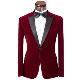 Real Photo Burgundy Velvet Groom Tuxedos Peak Lepal Man Blazer Prom Clothing Dress Business Suits Jacket Pants Bow Tie H476 309d