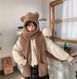 Bandanas Ski Mask Cute Bear Ear Hat Scarf Gloves Set Balaclava With Ears Winter Bandana Lamb Velvet Solid Fleece Girl Kawaii Prese4105354