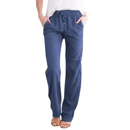 Women's Pants 2024 Summer Cotton Linen Drawstring Wide Leg For Women High Waist Trousers Solid Pocket Female Straight Pant