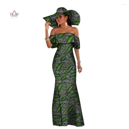 Ethnic Clothing BintaRealWax African Dresses For Women With Hat Wax Print Dashiki Off Shoulder Long Dress Boho WY1345
