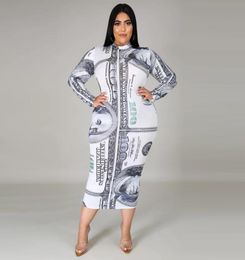 Plus Size Drs ZJFZML ZZ Women Clothing Dress 2022 Money Dollar Print Long Sleeve Bodycon Mid Calf Drop Wholesale2227583