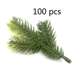 Decorative Flowers 100pcs Artificial Pine Needle Sprigs 3D Green Yellow Leaves 9.5cm/3.7" Realistic Plastic Grass 3-forks Christmas Wedding