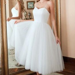 Abiti Vestidos de noiva Short semplice lunghezza del tè abito da sposa spaghetti cinghie corsetto torno tulle sweetheat abiti da sposa abiti da sposa