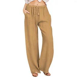 Women's Pants Cotton Linen Summer Wide Leg Casual Loose Drawstring High Waist Palazzo Trousers With Pockets
