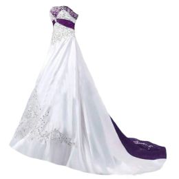 Dresses Elegant ALine Wedding Dress, Satin Strapless Plus Size Bridal Gown, Vintage Purple Burgundy and White Sleeveless Wedding Gown