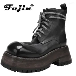 Boots Fujin 6.5cm Genuine Leather British Wedge Platform Big Toe Women ZIP Spring Fashion Ethnic Moccasins Autumn Ankle Booties Shoes