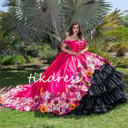 Mexican Hot Pink Black Quinceanera Dresses Charro Vestio De 15 Quinceanera Xv Anos Sixteen Masquerade Tiered Ruffles Birthday Party Gowns 2024 Flowers Pageant Gown