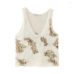 Women's Tanks Womens Sleeveless Knit Tank Casual Vintage V Neck Hollow Out Crop Pullover Vest Summer Sequin Sparkle Versatile Streetwear