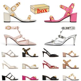 Fashion Top Quality Lady Sexy Sandals Famous Designer Women High Heels Rivet Pointed With Box Loafers Luxury Leather Platform Wedges Heel Pumps Slides Pink Slippers