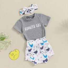 Clothing Sets FOCUSNORM Lovely Baby Girls Summer Clothes 0-18M Letter Print Short Sleeve T-Shirt Elastic Waist Rooster Shorts Headband