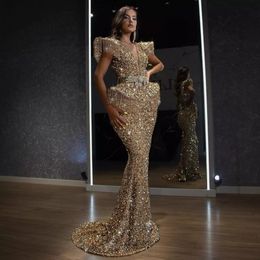 Newest Arrival 2021 Sleeveless Gold Mermaid Evening Dresses Gowns For Woman Night Wear Party Plus Size Abendkleider 211K