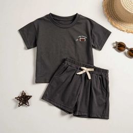 Clothing Sets Summer Childrens Rugby Embroidery Pattern Short Sleeve Set Toddler Casual Short Sleeve T-Shirt+Shorts 2pcs Set For Boys Girls Y240515