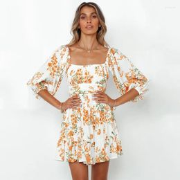 Party Dresses Ardm Flower Print Square Neck Lartern Sleeve Summer Dress Backless Lace Up High-Waist Women A Line Female Mini