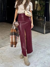 Skirts 2024 Autumn Winter Women Sexy Bodycon Maxi Leather Solid Red High Waist Office Slit Pencil Long Skirt Female