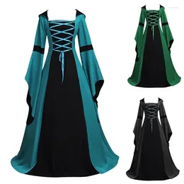 Casual Dresses Women Medieval Renaissance Dress Retro Gothic Royal Court Cosplay Costume Flare Sleeve Front Lace Up Waist Long Gown