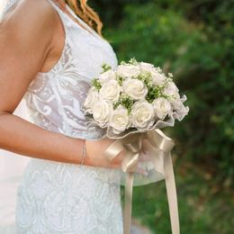 YeeNanee Boho Wedding Bouquets for the Bride Ivory White Artificial Flower Bouquet with Silk Ribbon Lace Country Decor 240517