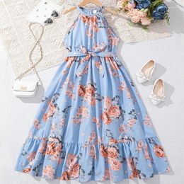 Girl Dresses Summer Girls Cute Cool Breathable Elegant Sleeveless Printing Suspended Belt Dress Daily Casual Princess Birthday Party