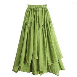 Skirts Irregular For Women Green Casual Elastic High Waist Vintage A-line Slim Elegant Mid Length Skirt Summer 2024