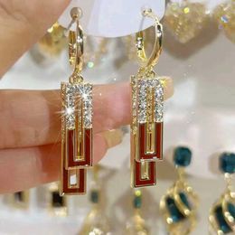 Dangle Chandelier New Fashion White Square Water Diamond Zircon Double Pendant Gold Earrings Suitable for Womens Unique Design Girl Trend Jewellery Gifts d240516