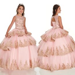 Blush Pink Gold Lace Cupcake Girls Pageant Quinceanera Dresses Mini Party Dress 2022 Beaded Jewel Lace-up Flower Girl Dress Ruffle New 278r