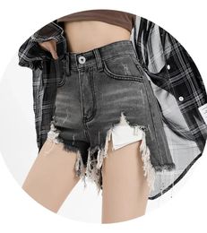 Retro Grey Distressed Denim Shorts For WomenS Summer Design Spicy Girl High Waisted Ruffled Pants 240517