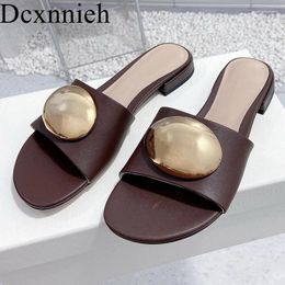 Slippers Summer Open Toe Metal Decoration Low Heel Women's Casual Solid Colour Sandals Outdoor Versatile Vacation Beach Shoes