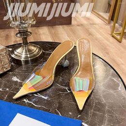 Slippers 2024 Summer Est Handmade Top Quality PVC Pointed Toes Solid Outdoor Crystal Decora Super High Heels Sexy Shoes Woman