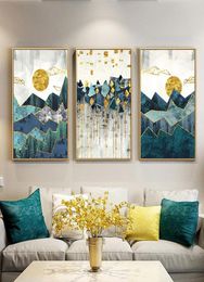 3 Panels Nordic Abstract Geometric Mountain Golden Sun Landscape Wall Art Canvas Oil Painting Poste Print Wall Picture Room Decor6330029