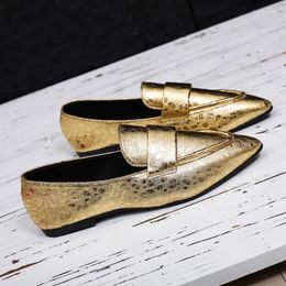 Casual Shoes Small Leather Women's British Style Single 2024 Pleated Gold Round Toe Block Heel Loafers For Women