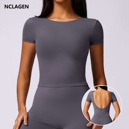 NCLAGEN Sports T-shirt Women Fiess Open Back Short Sleeves Yoga Dance Clothes High Elastic Running Shirts Workout Top Tee L2405