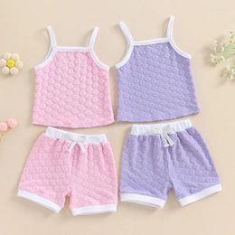 Clothing Sets Little Girl 2 Piece Summer Set Jacquard Flower Square Neck Spaghetti Strap Tops Bow Elastic Waist Shorts Toddler Outfit