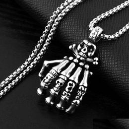Pendant Necklaces Skeleton Hand Bone Grab Necklace Long Stainless Steel Chain Halloween Gifts Punk Gothic Hip Hop Mens Party Jewelry Dhviy