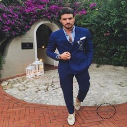 Hot Sale Double Breasted Mens Suits Peaked Lapel Blue Groom Wedding Business Prom Party Blazer Jacket Jacket Pants 276C